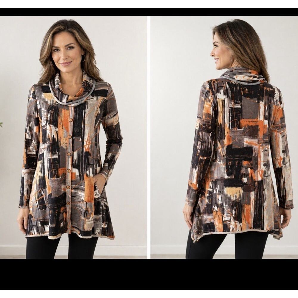 Pure Essence Tunic Top Womens M Abstract Geometric Cowl Neck Stretch Orange